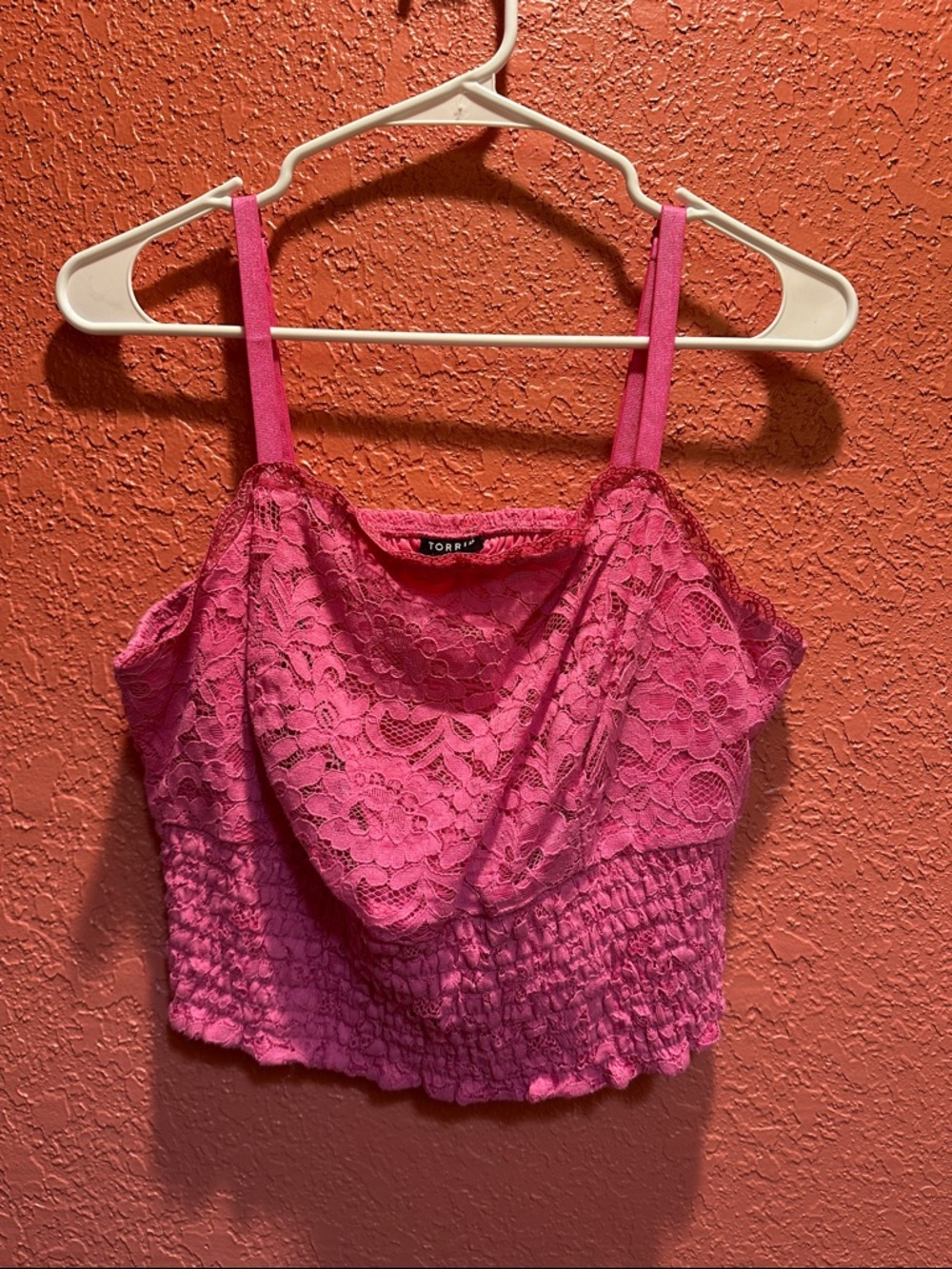 torrid Hot Pink Lace Cropped Cami with Smocked Hem